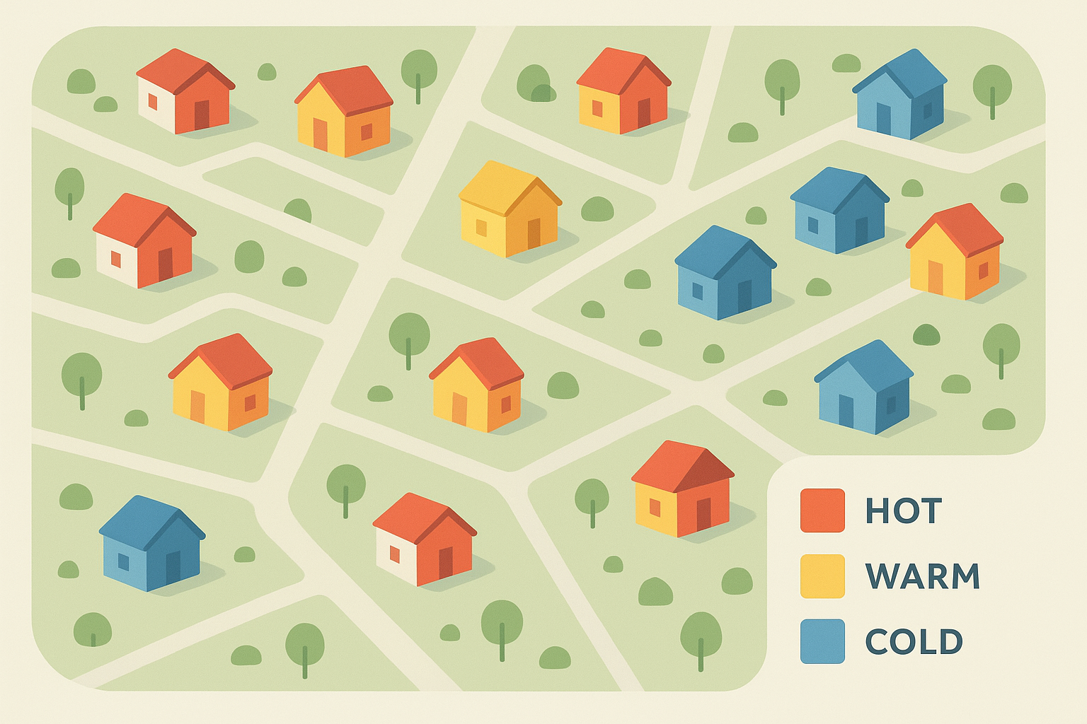 Color-coded neighborhood map showing hot, warm, and cold seller opportunity zones