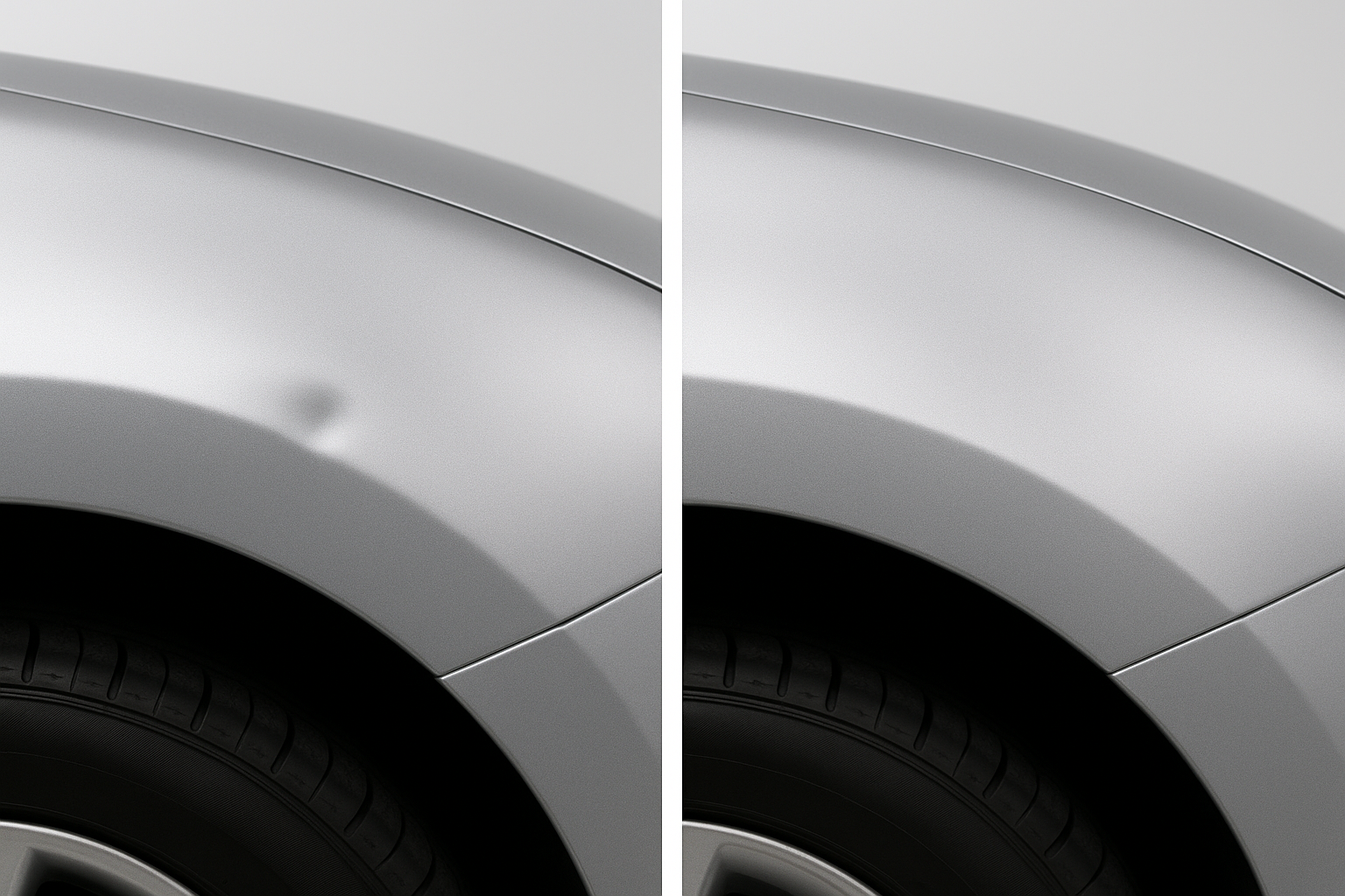 Close-up of a small dent removed from a car fender during paintless dent repair