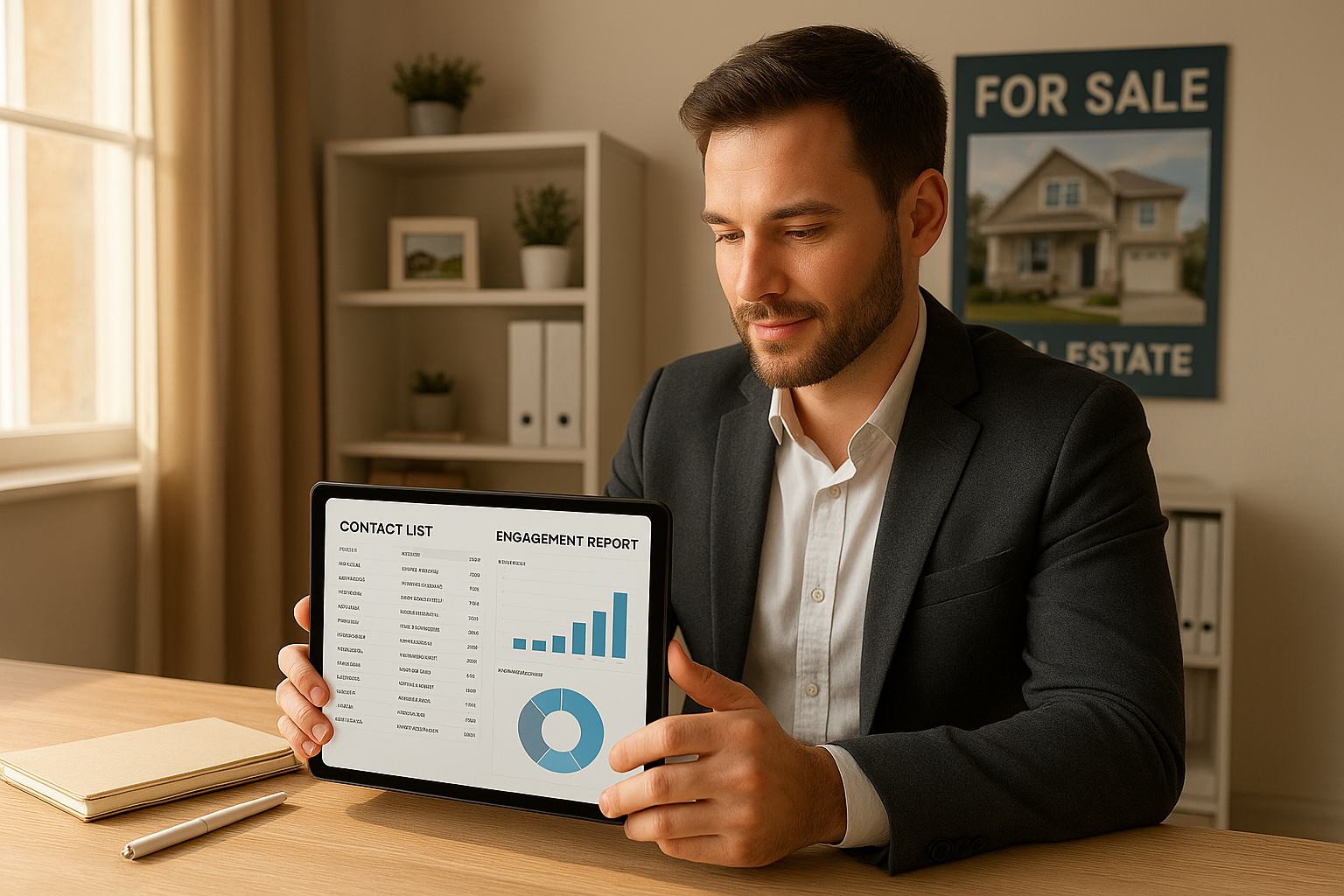 Agent using real estate farming software dashboard to track homeowner engagement