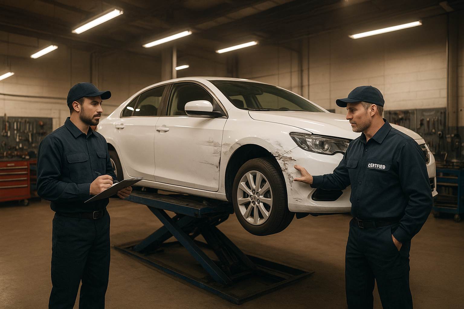 Certified technicians inspecting collision damage at a BCR collision center