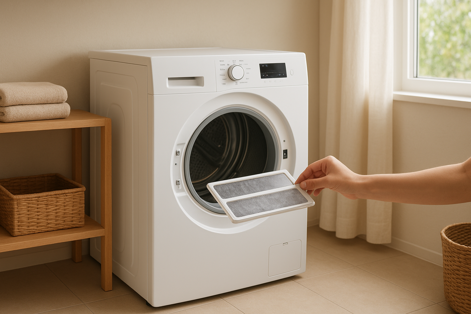 Homeowner following best practices for dryer maintenance by cleaning the lint trap