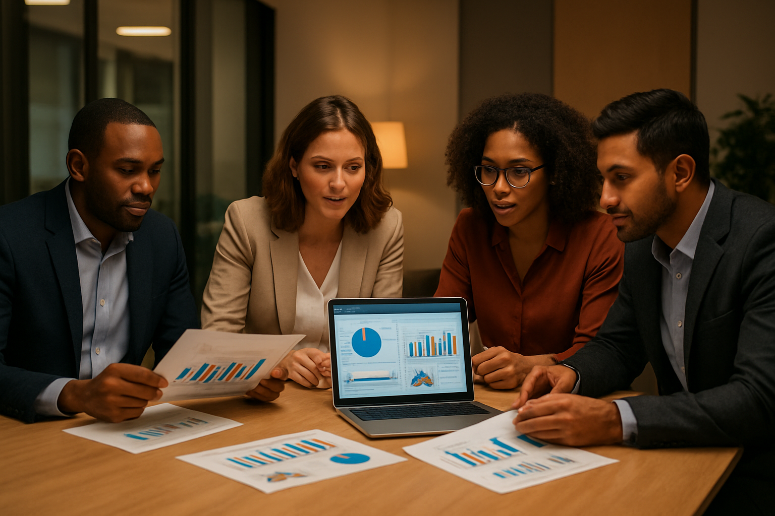 Business team reviewing organizational development framework metrics and strategy charts in a meeting