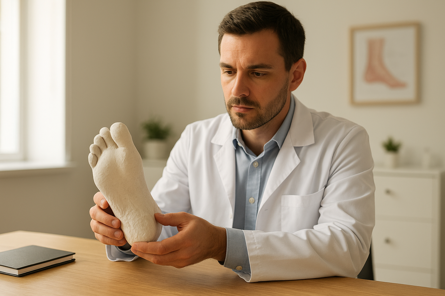 Podiatrist reviewing a foot mold impression used to fabricate custom orthotics