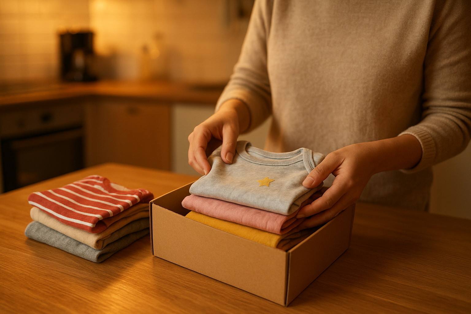 Parent packing a return shipment for a children's clothing swap subscription