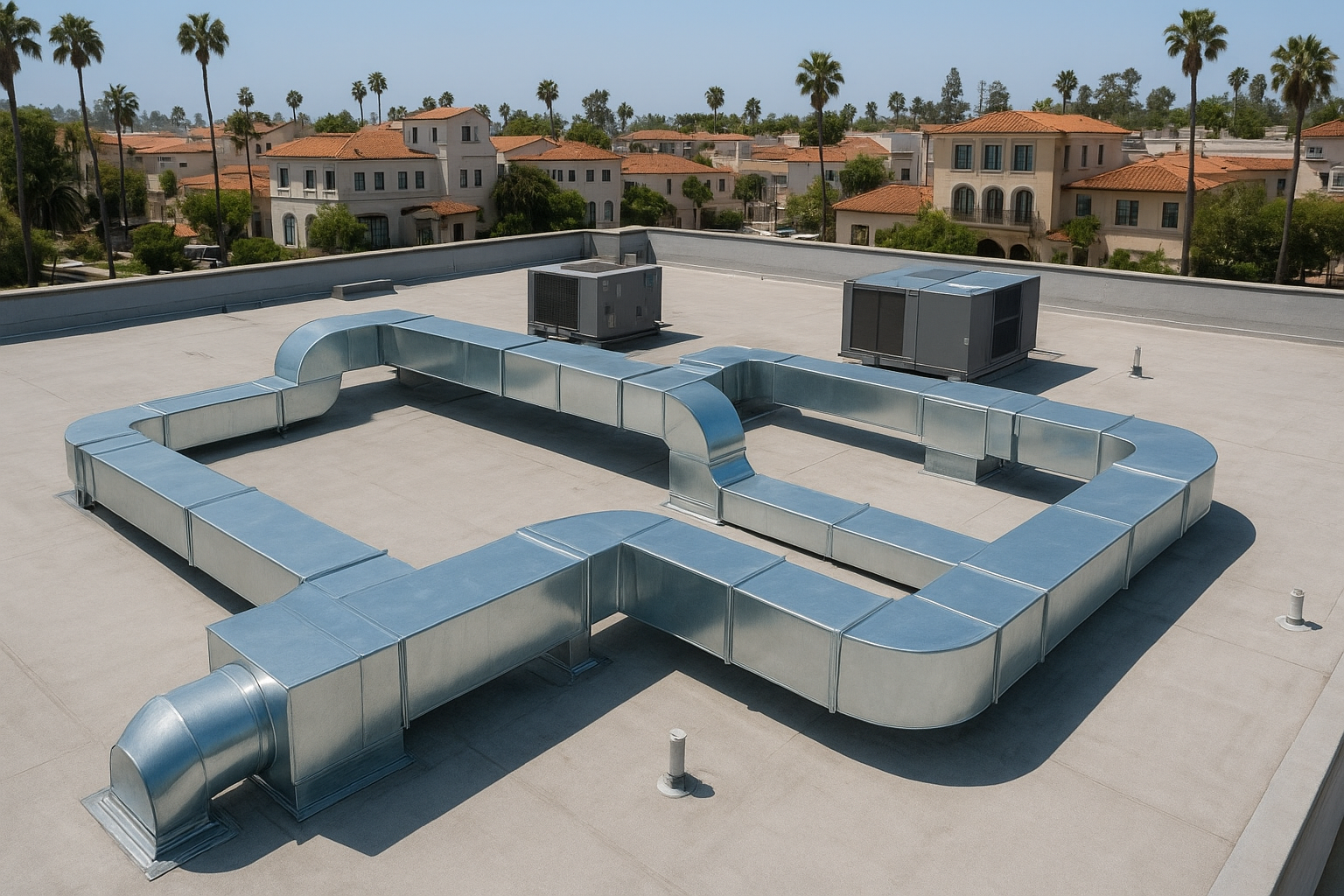 Custom sheet metal ductwork and flashing installed on a commercial rooftop