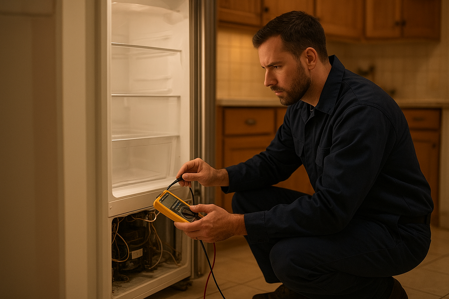 Experienced appliance technicians diagnosing a refrigerator repair issue in a Santa Rosa home