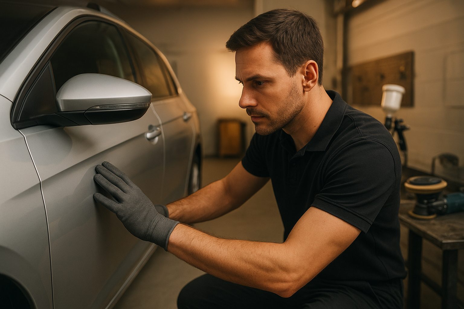 Bodyshop automotive technician inspecting vehicle panel damage under workshop lighting