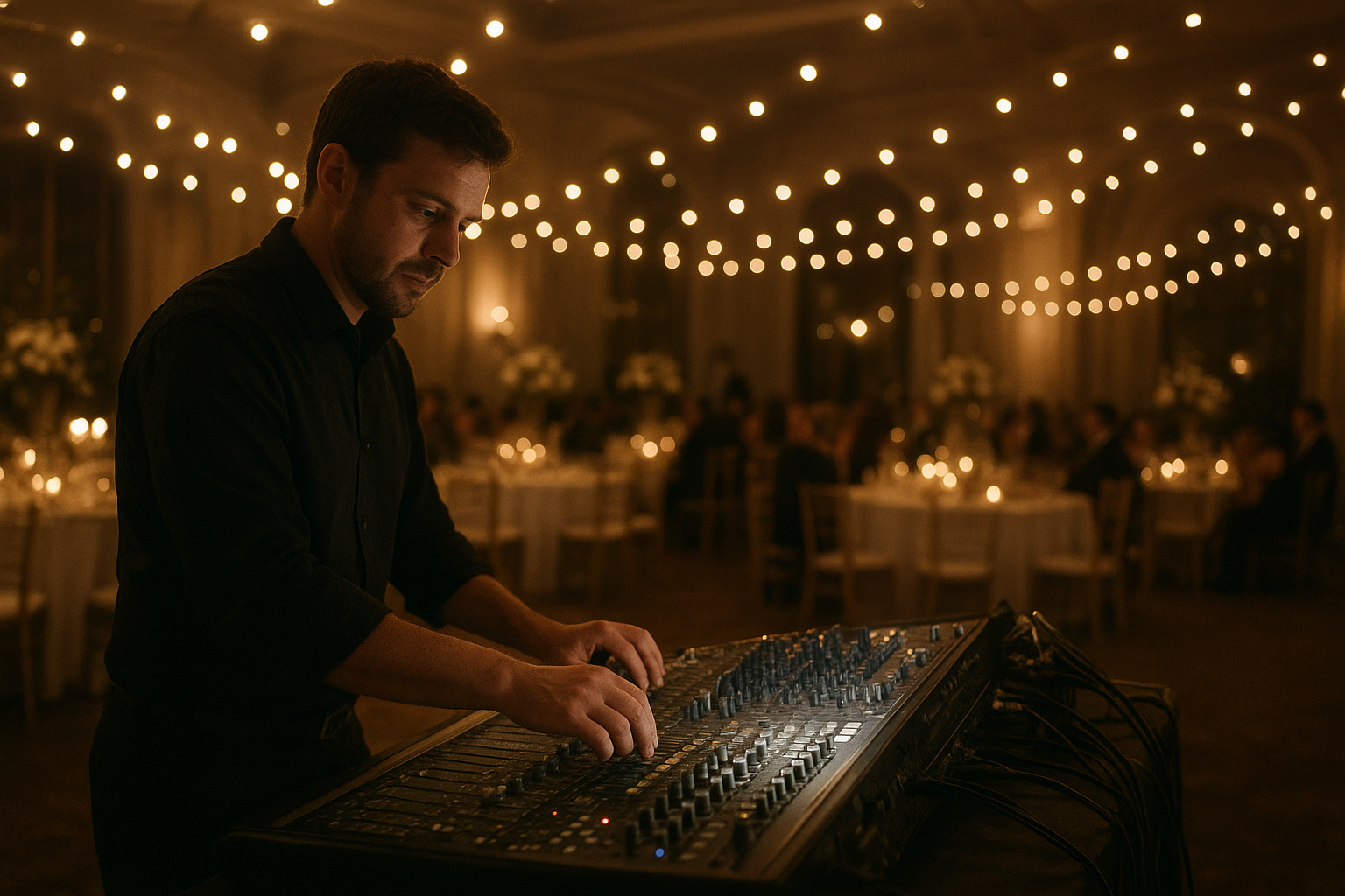 Audio visual consultants Evansville technician adjusting a sound mixing board at a wedding reception