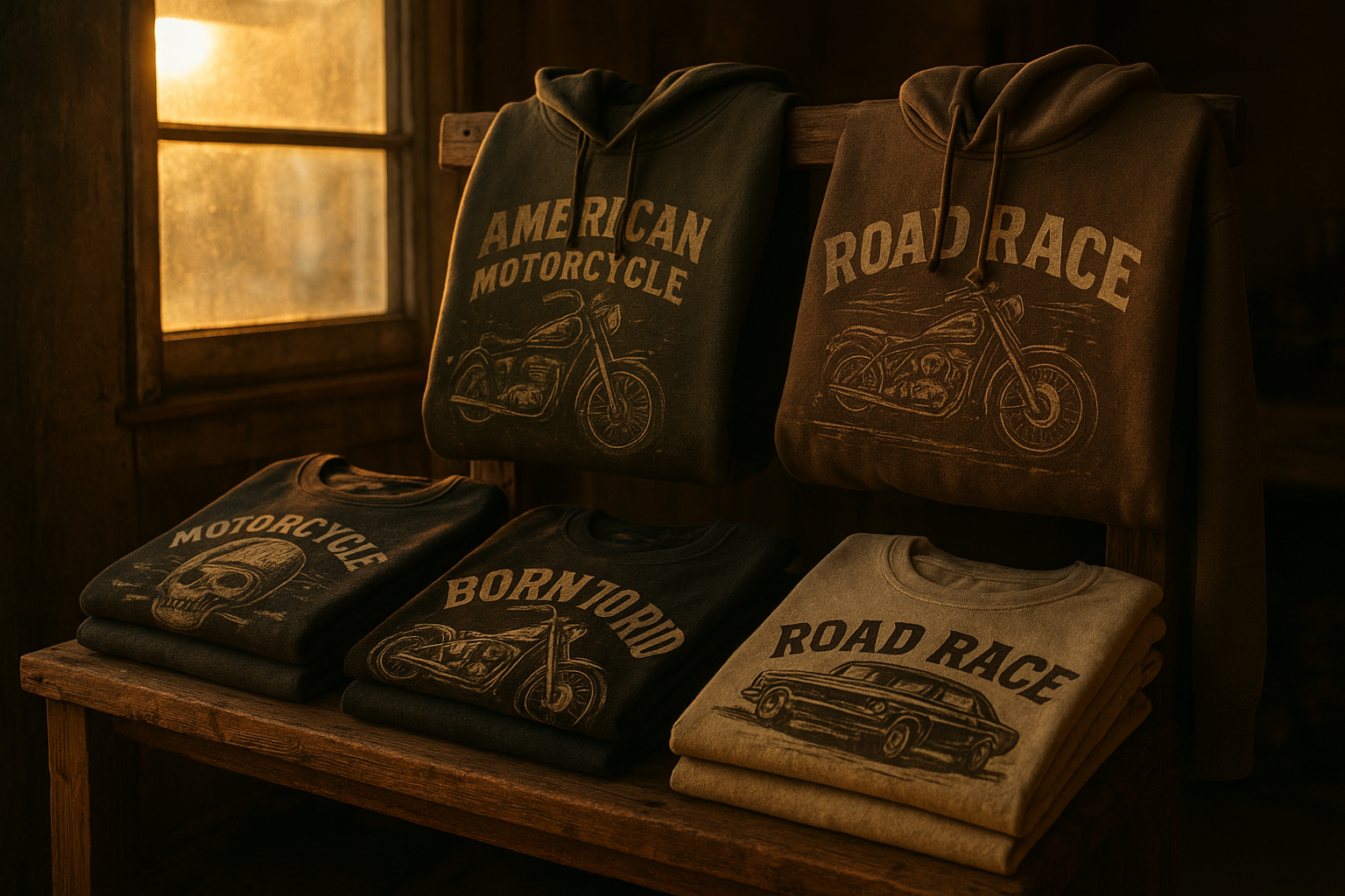 Crazy rednecks clothing displayed on a rustic rack with bold vintage graphic tees