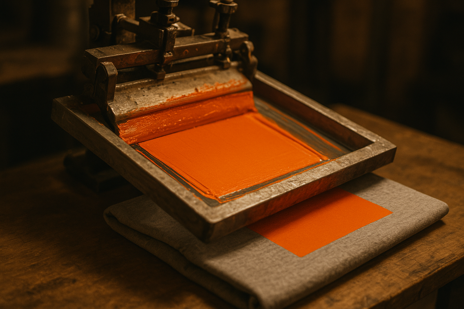 Screen printing press applying ink during personalized t-shirt printing