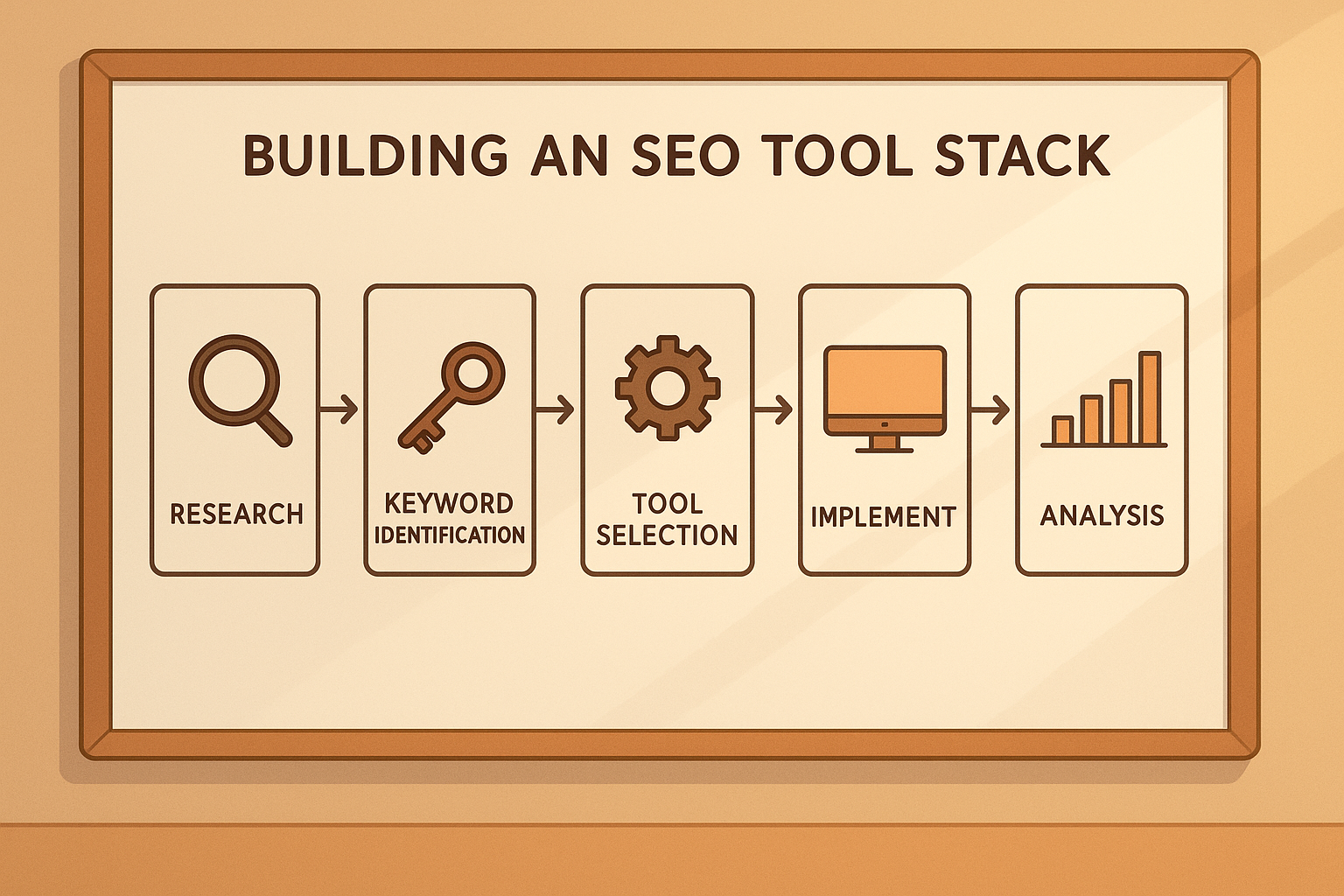 Step-by-step diagram showing how to build an SEO tool stack with five key stages