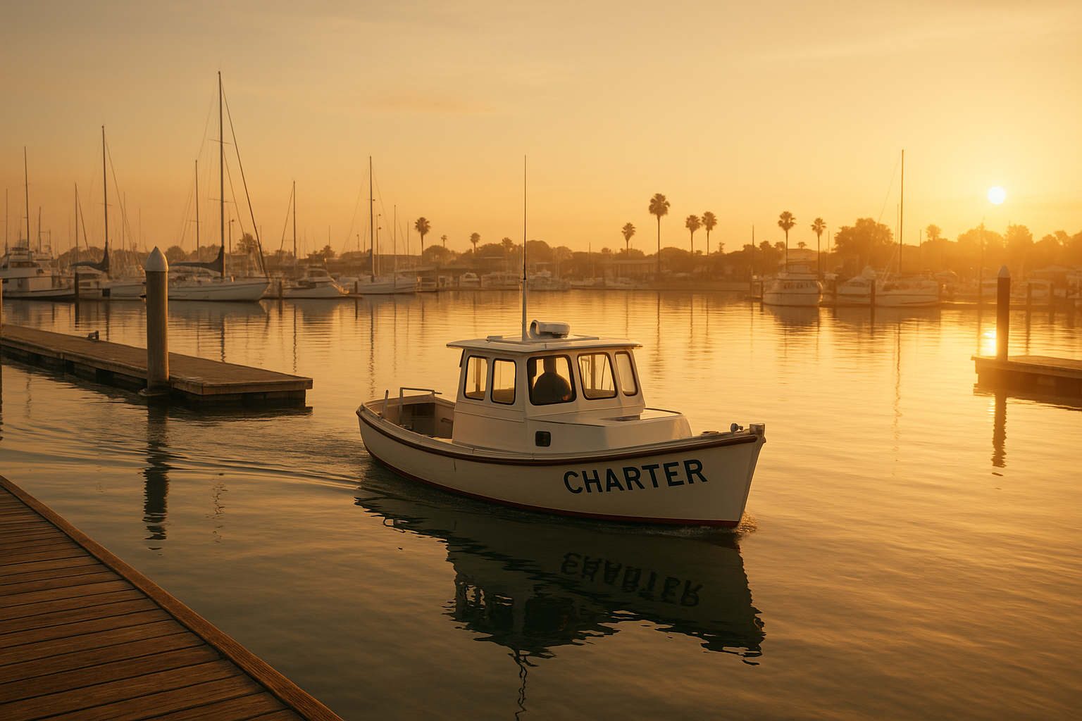 Small charter boat leaving Seaforth Marina at sunrise for a snorkel tour