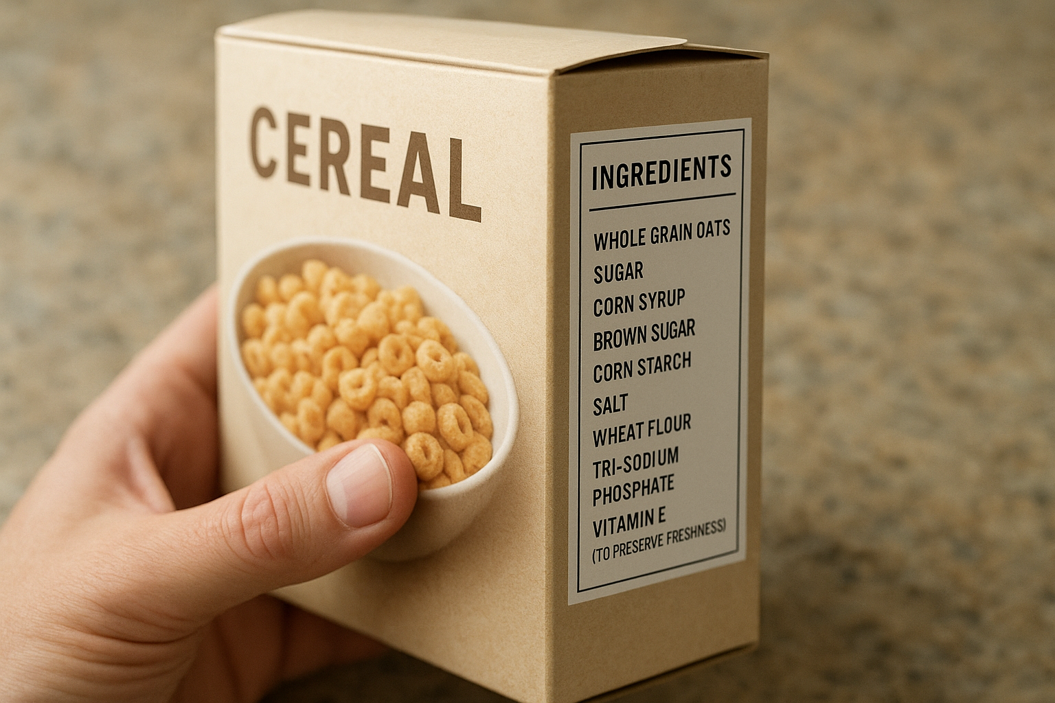 Person reading the ingredient label on a cereal box to check for clean ingredients