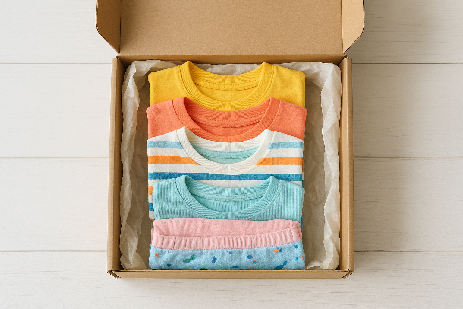 Open subscription box containing neatly folded premium children's clothing rental pieces wrapped in tissue paper