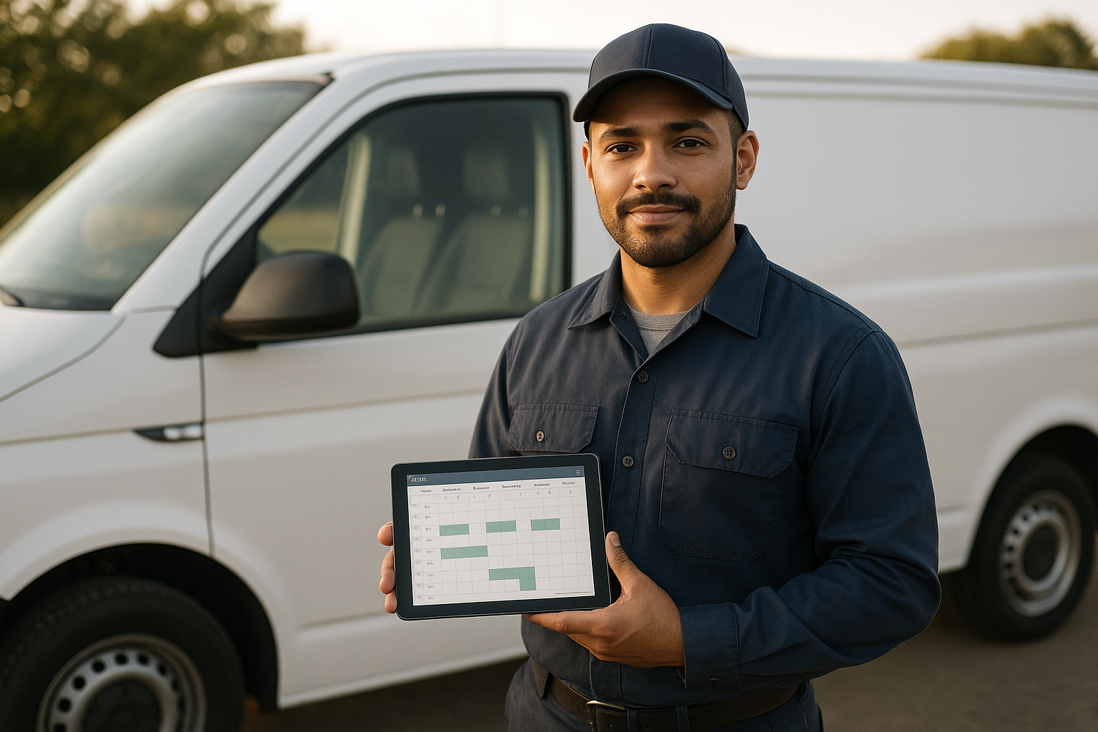 Field service technician reviewing a job schedule on a tablet beside a service van