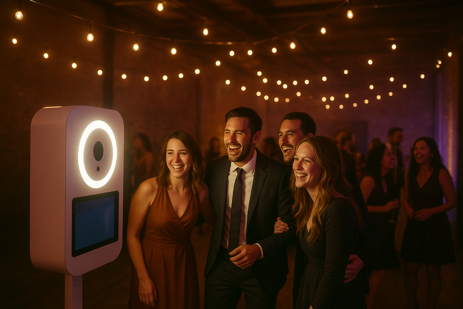 Guests posing at a photobooth rental Newburgh Indiana event with warm string lighting