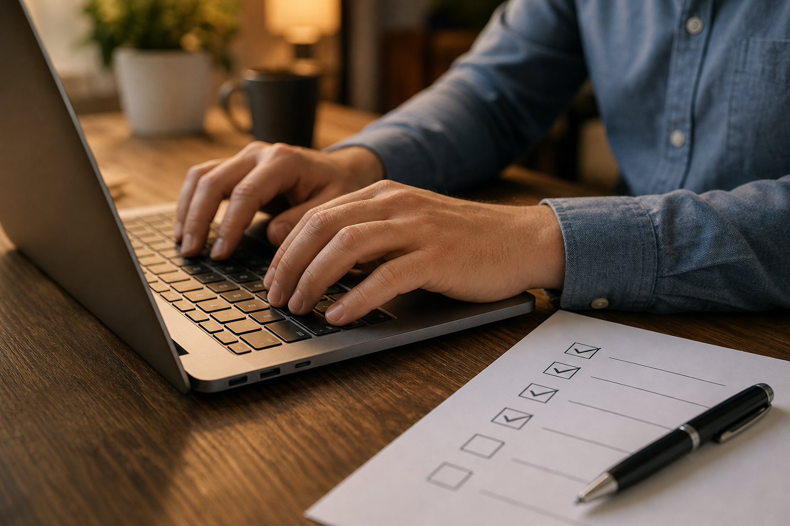 Hands typing on a laptop beside a printed checklist during an HR compliance review