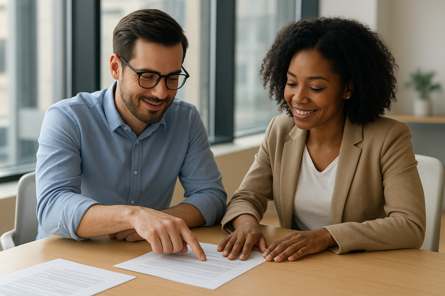 HR consultant and business owner reviewing mandatory benefits paperwork together