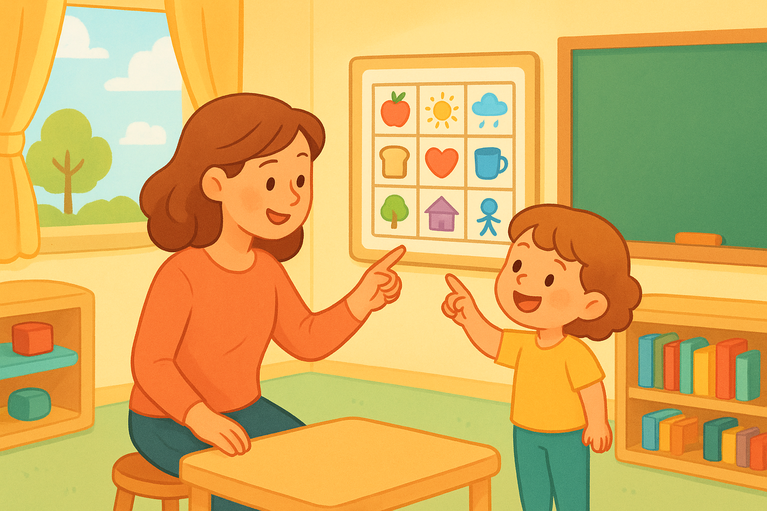 Teacher and young child using a picture communication board during a core vocabulary lesson