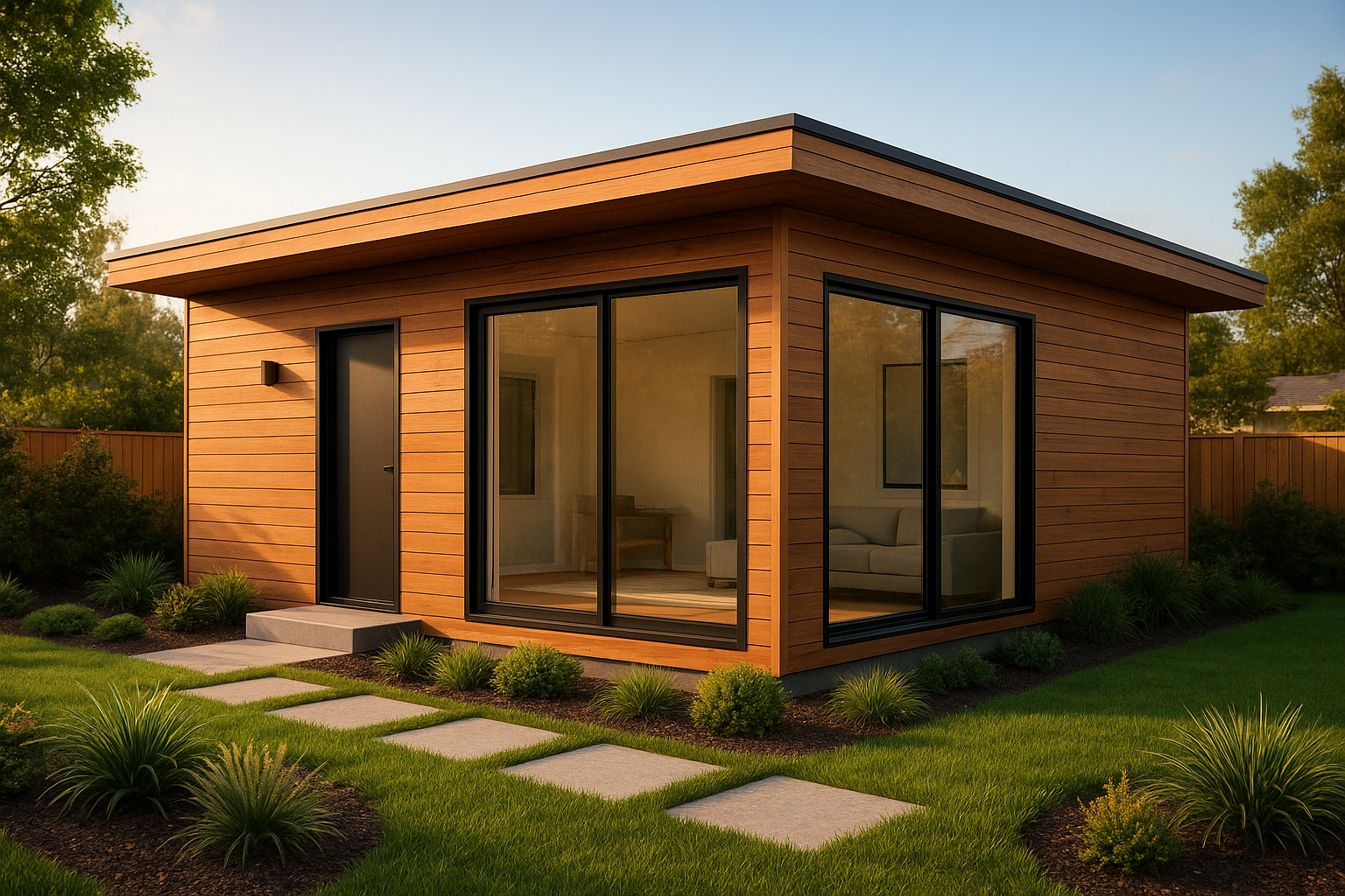Detached granny flat backyard home with wood siding in a Southern California yard