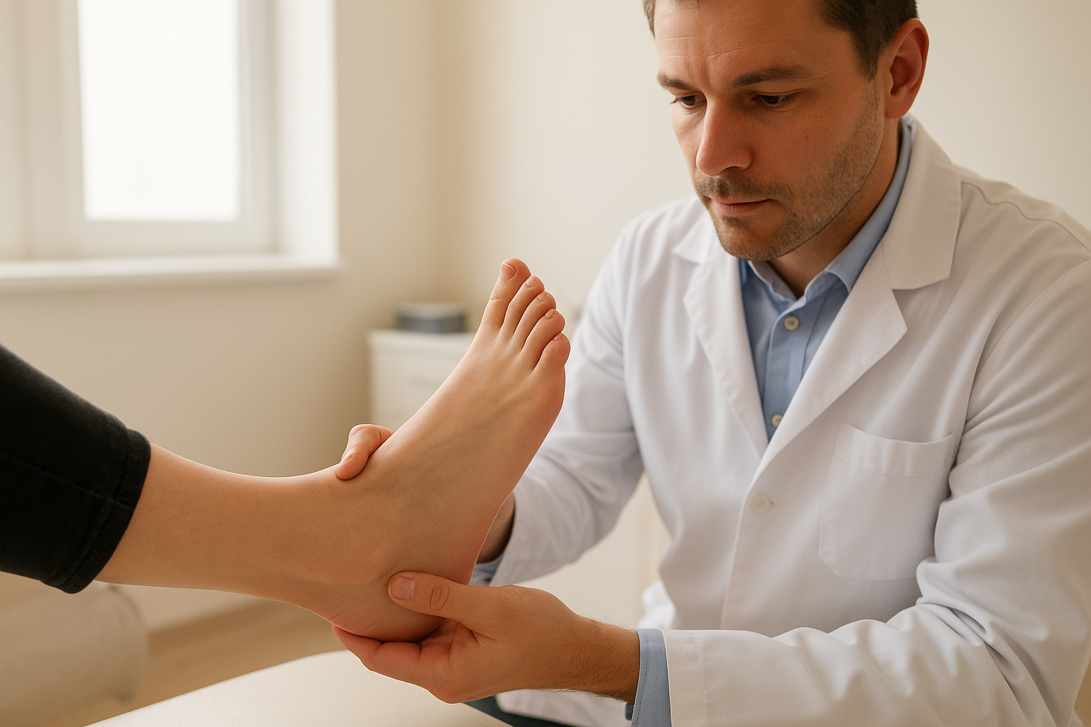 Podiatrist evaluating foot alignment before recommending custom orthotics