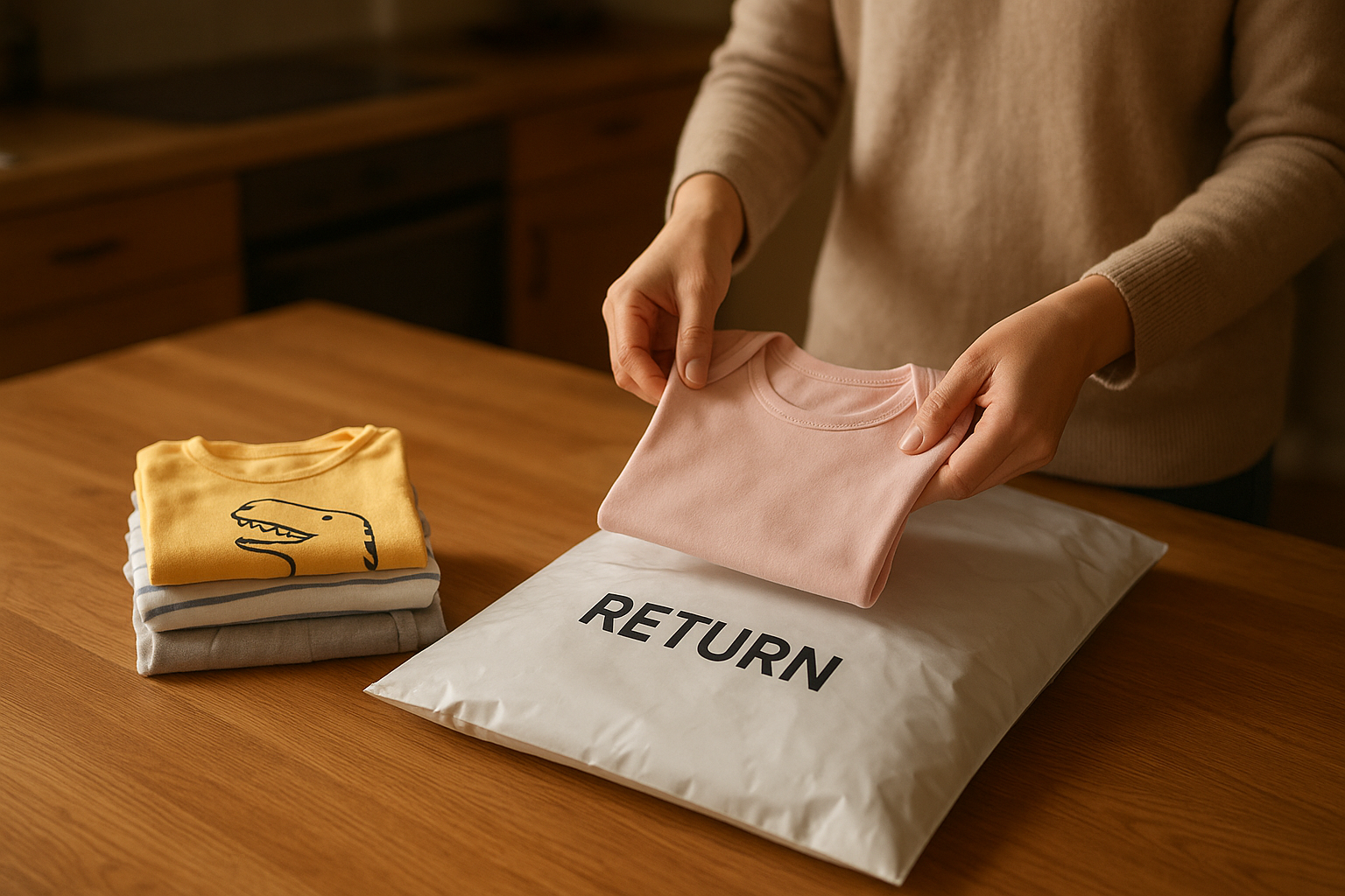Parent preparing a return bag for a monthly children's clothing rental service