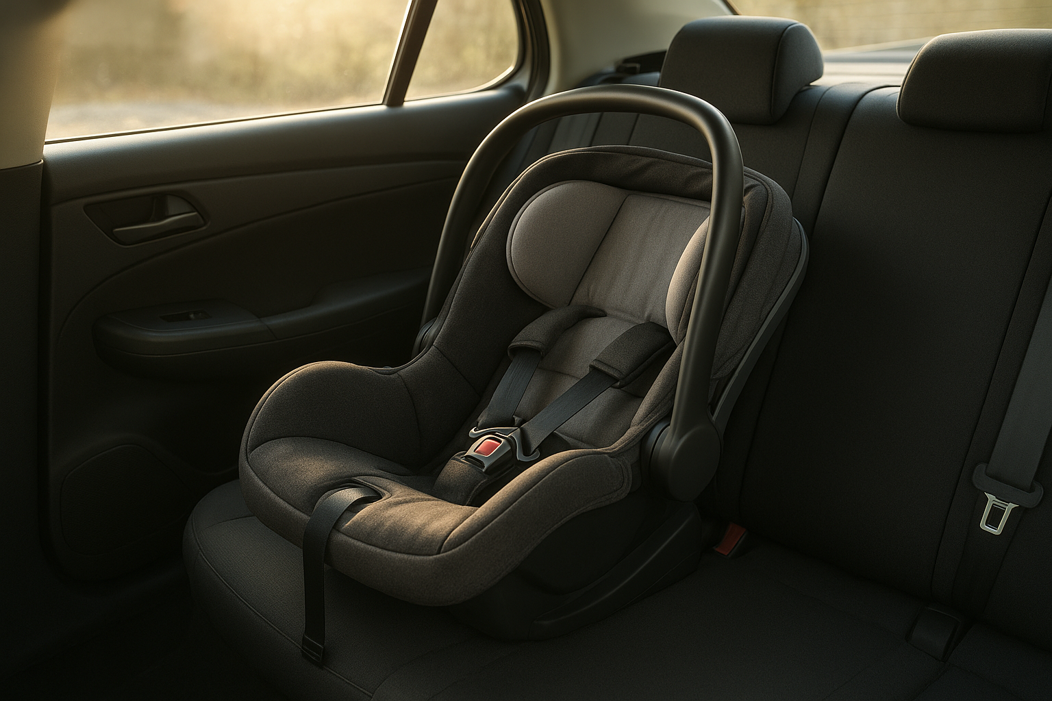 Infant car seat installed correctly as part of essential baby travel gear