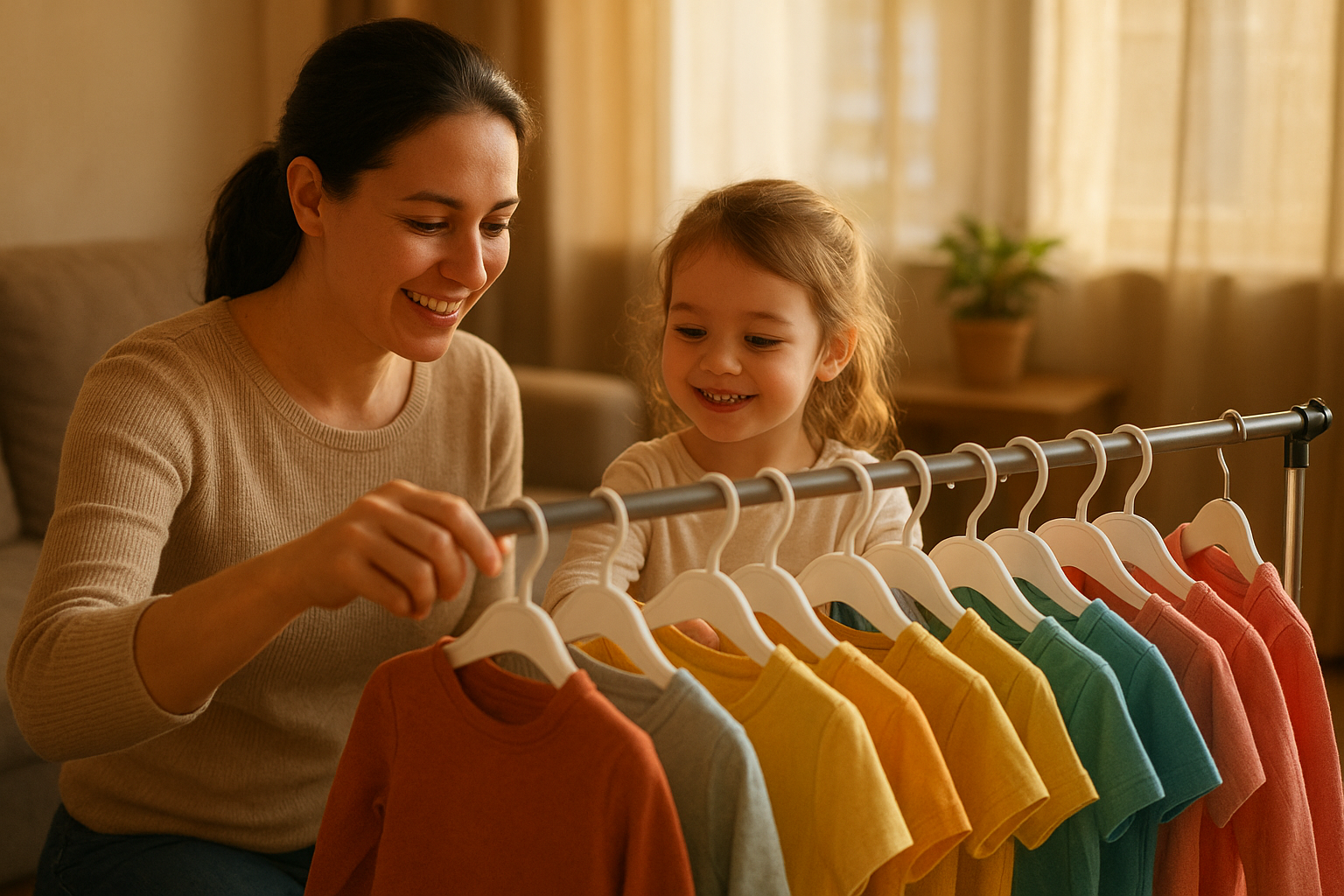 Parent and child choosing clothing from a unique kids outfit subscription rack at home