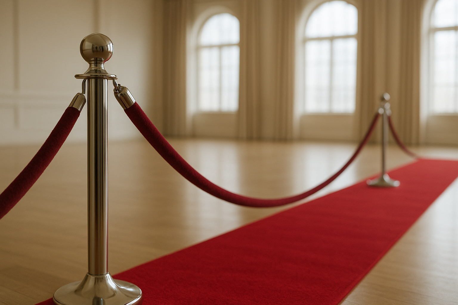 Velvet rope stanchions and red carpet runner ready for a corporate photo booth rental