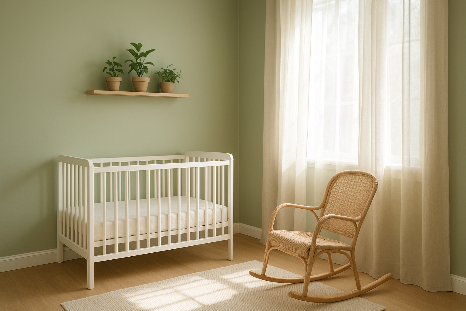 nursery decor ideas featuring sage green walls, white crib, and rattan rocking chair in a Scandinavian minimalist style