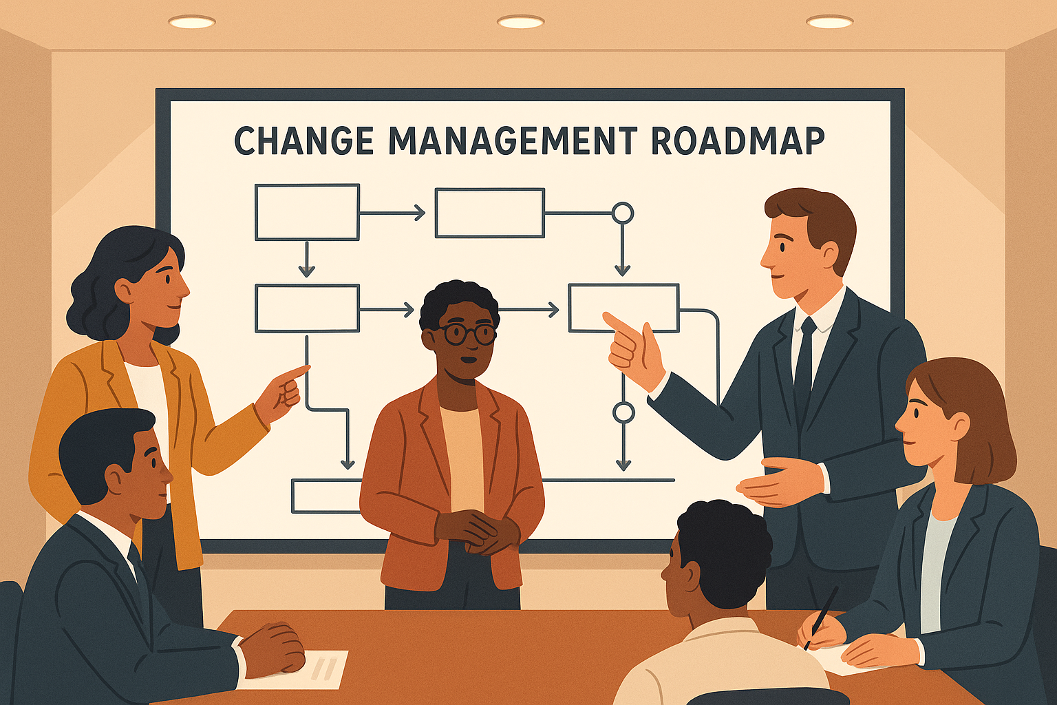Team reviewing an implementation of change in an organization roadmap on a whiteboard