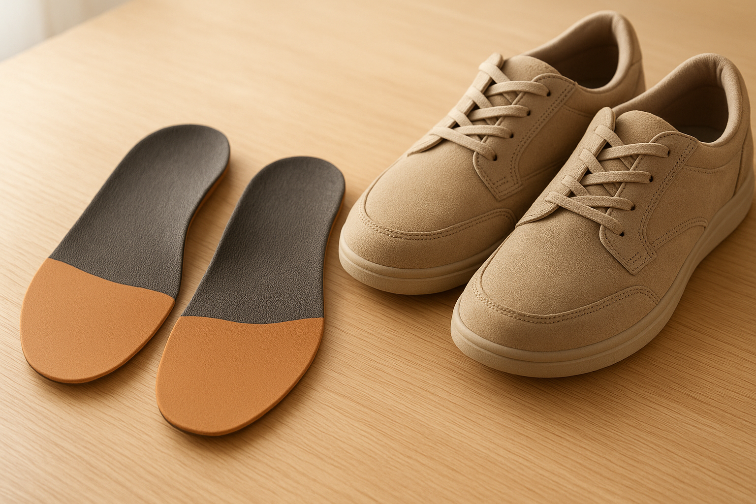 Best orthotics for everyday use displayed beside a pair of walking shoes on a wooden surface