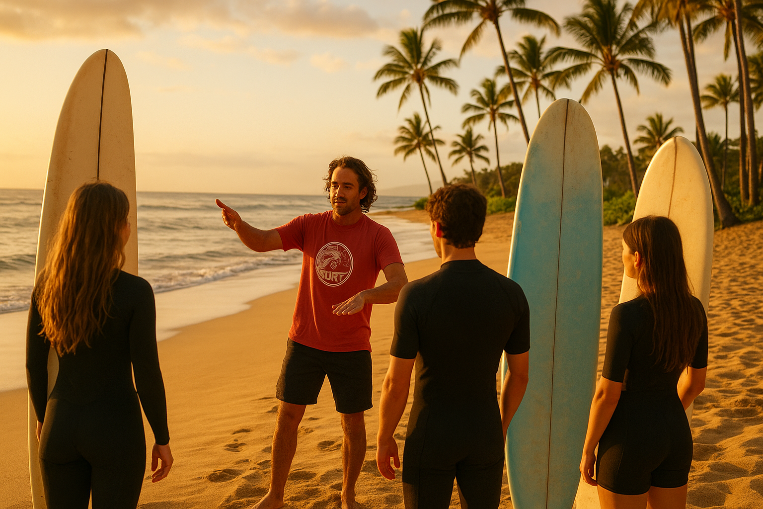 surf instructor teaching how much are surf lessons in hawaii to beginners on a sunny beach
