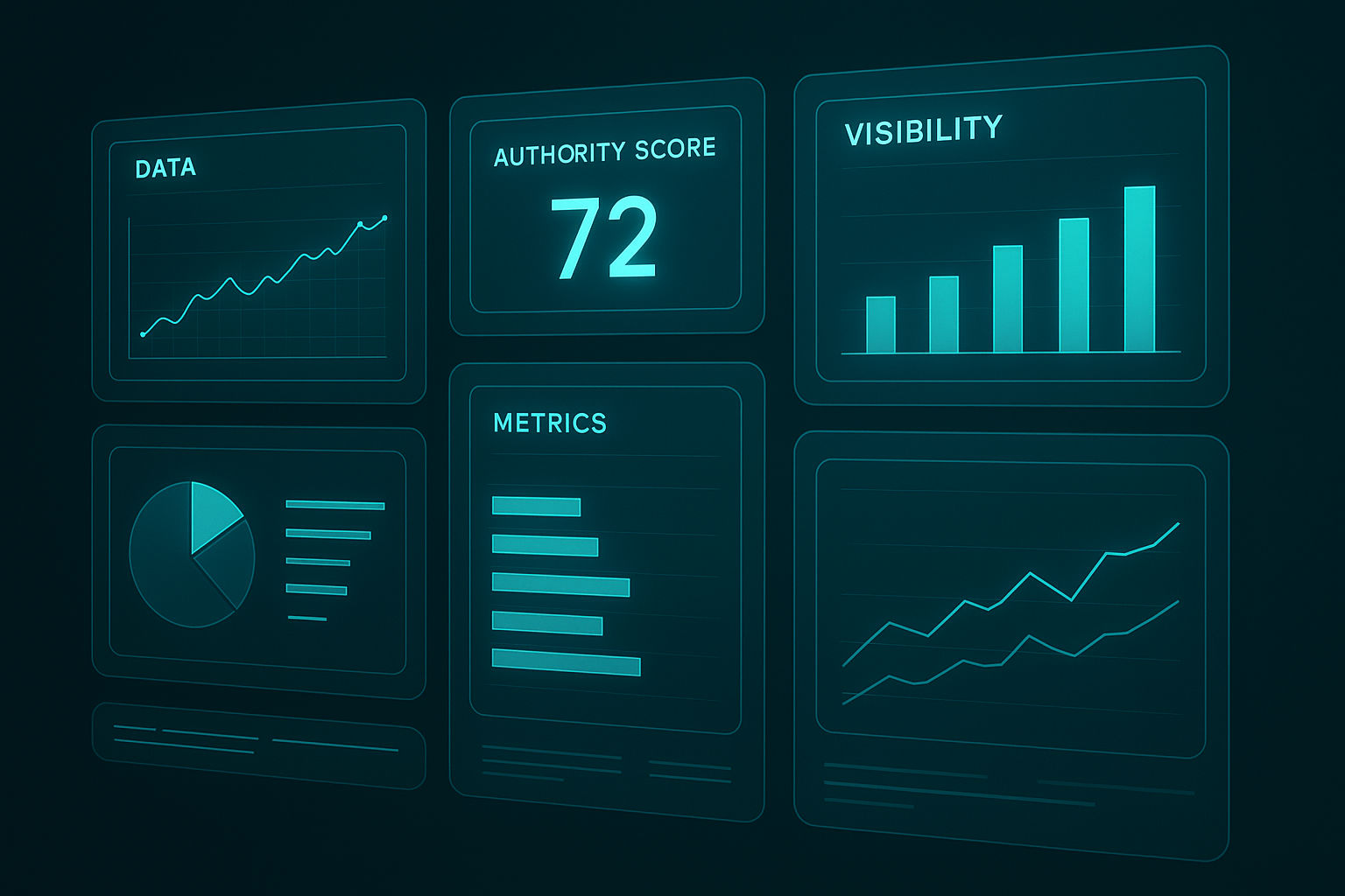 Digital dashboard illustrating AI answer engine optimization metrics and authority scores
