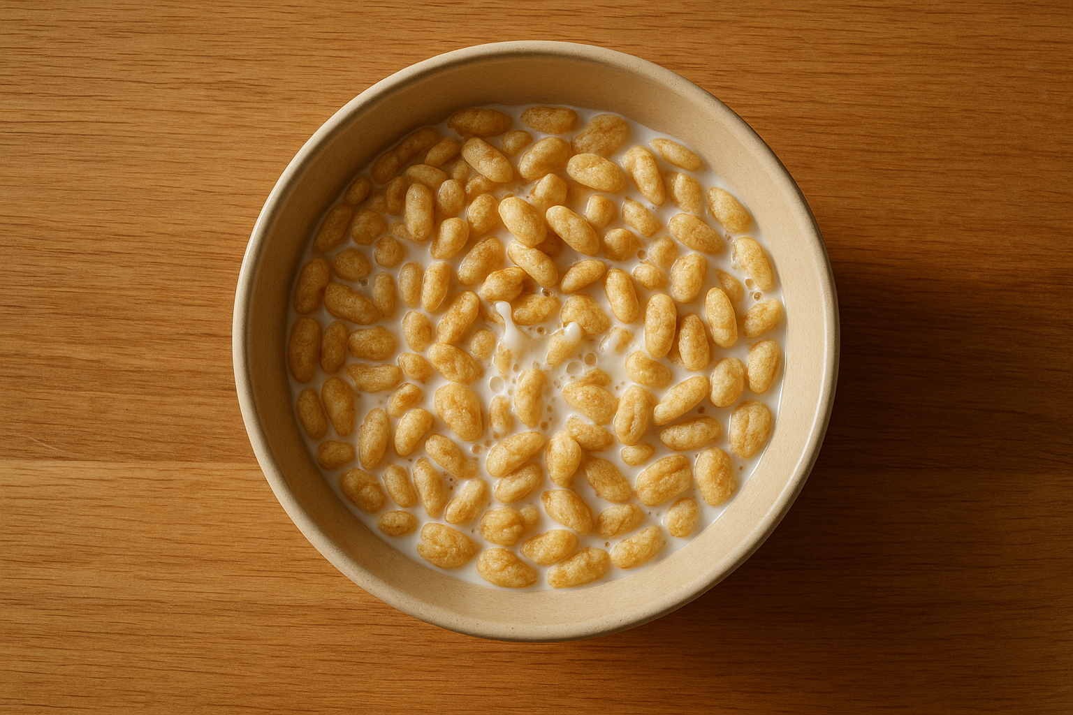 Bowl of organic puffed cereal with milk on a wooden table