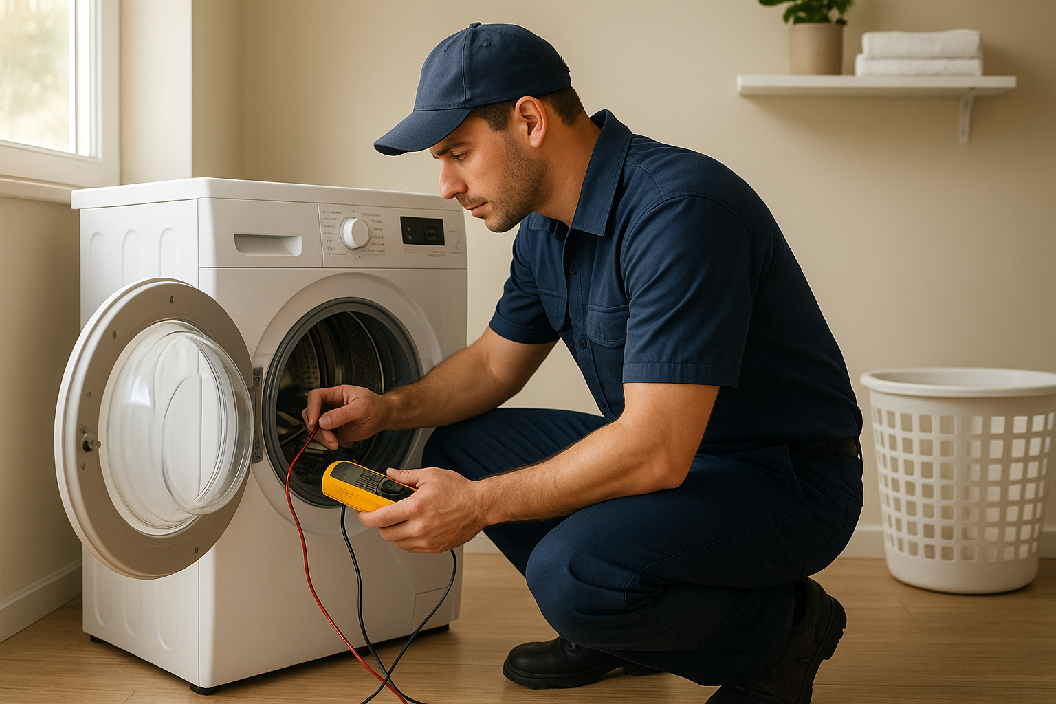 washer and dryer technician near me testing a front-load washer with a multimeter