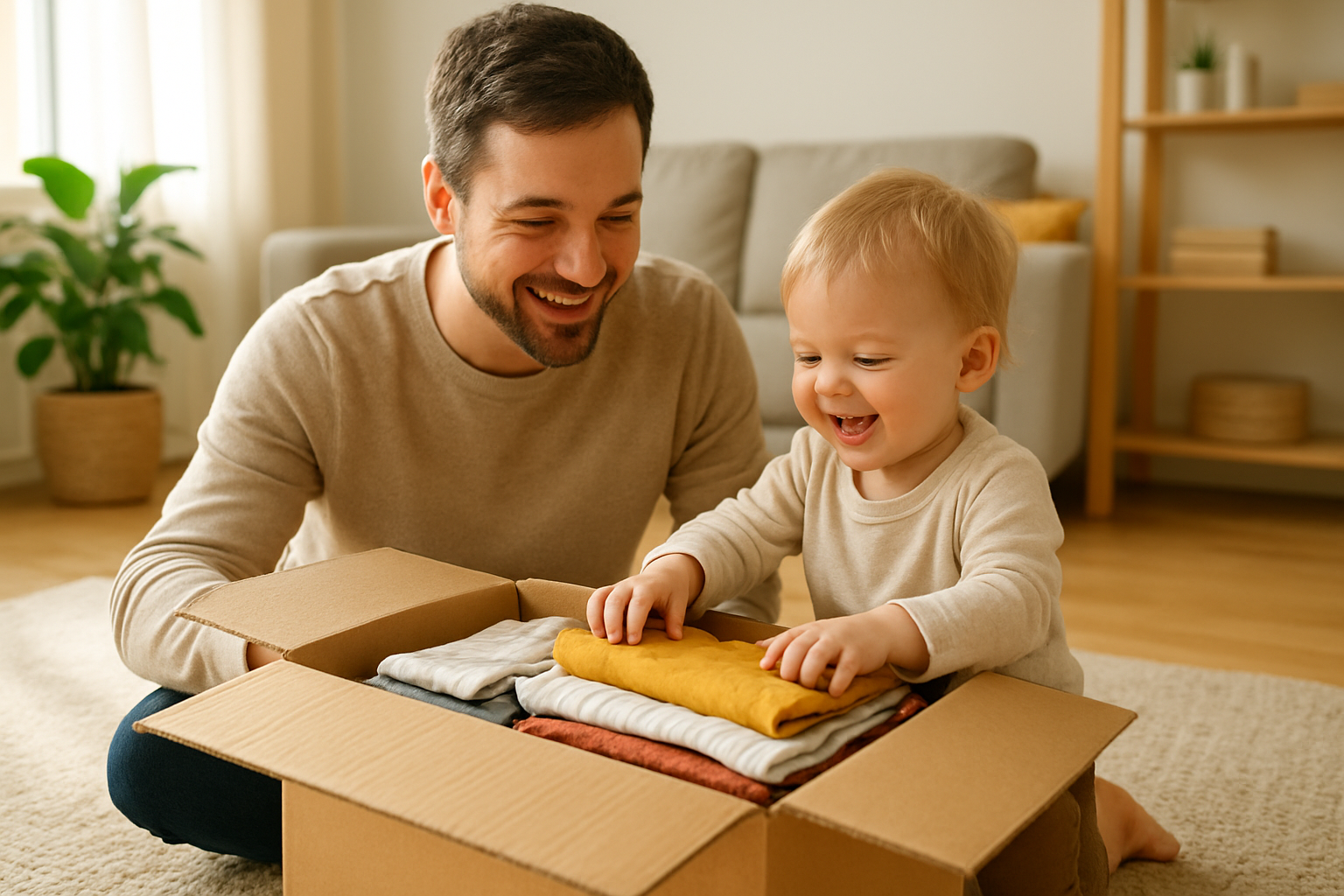 Parent and child unpacking a two-way shipping box from a kids clothing rental service