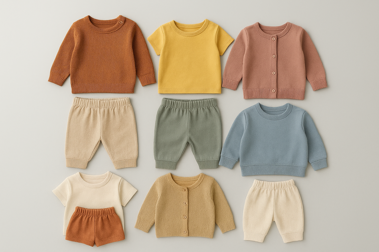 Flat-lay of coordinated children's outfit bundles arranged neatly on a light gray surface