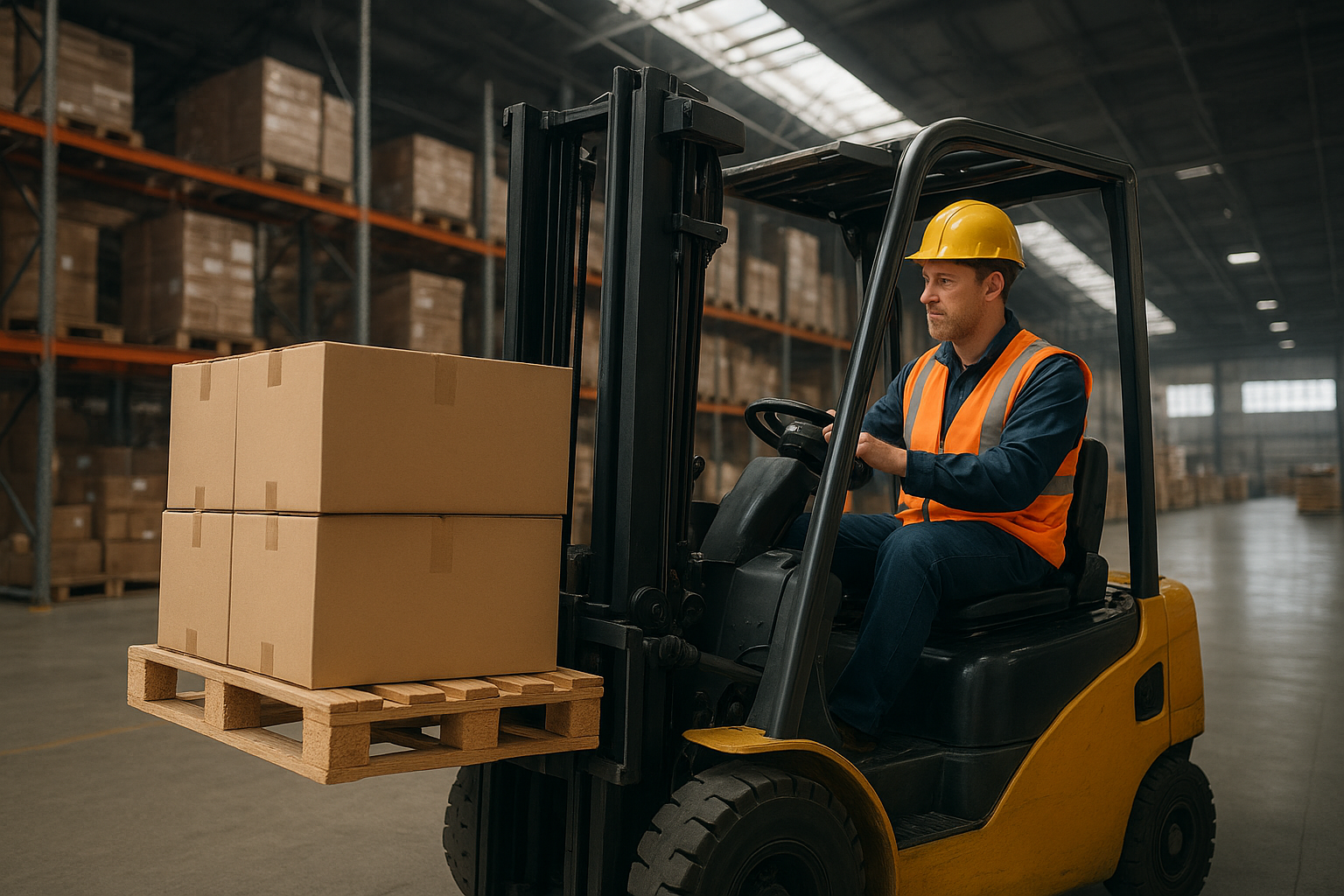 Forklift operator moving pallets inside a warehouse distribution center