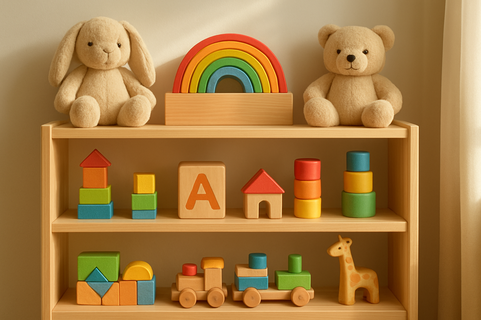 Shelf of affordable kids toys including blocks, plush animals, and building sets