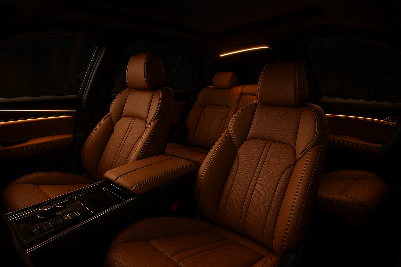Leather interior of an executive chauffeur vehicle used for SoFi Stadium event transportation