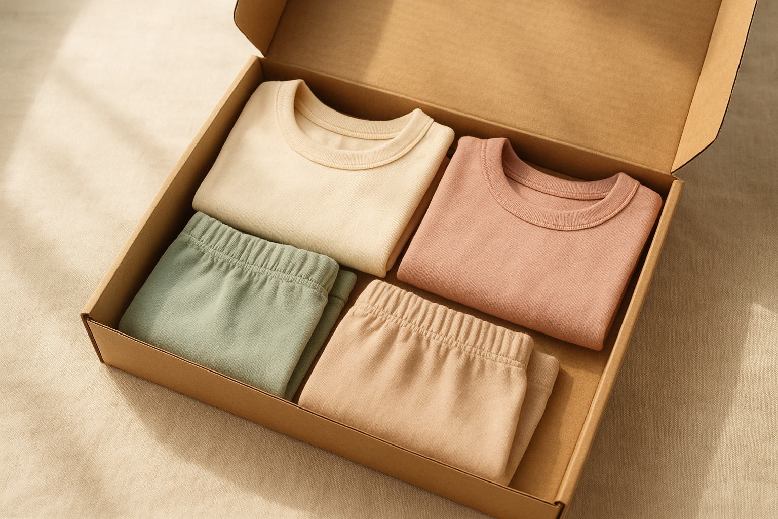 Eco-friendly kids clothing delivery box with folded organic cotton garments