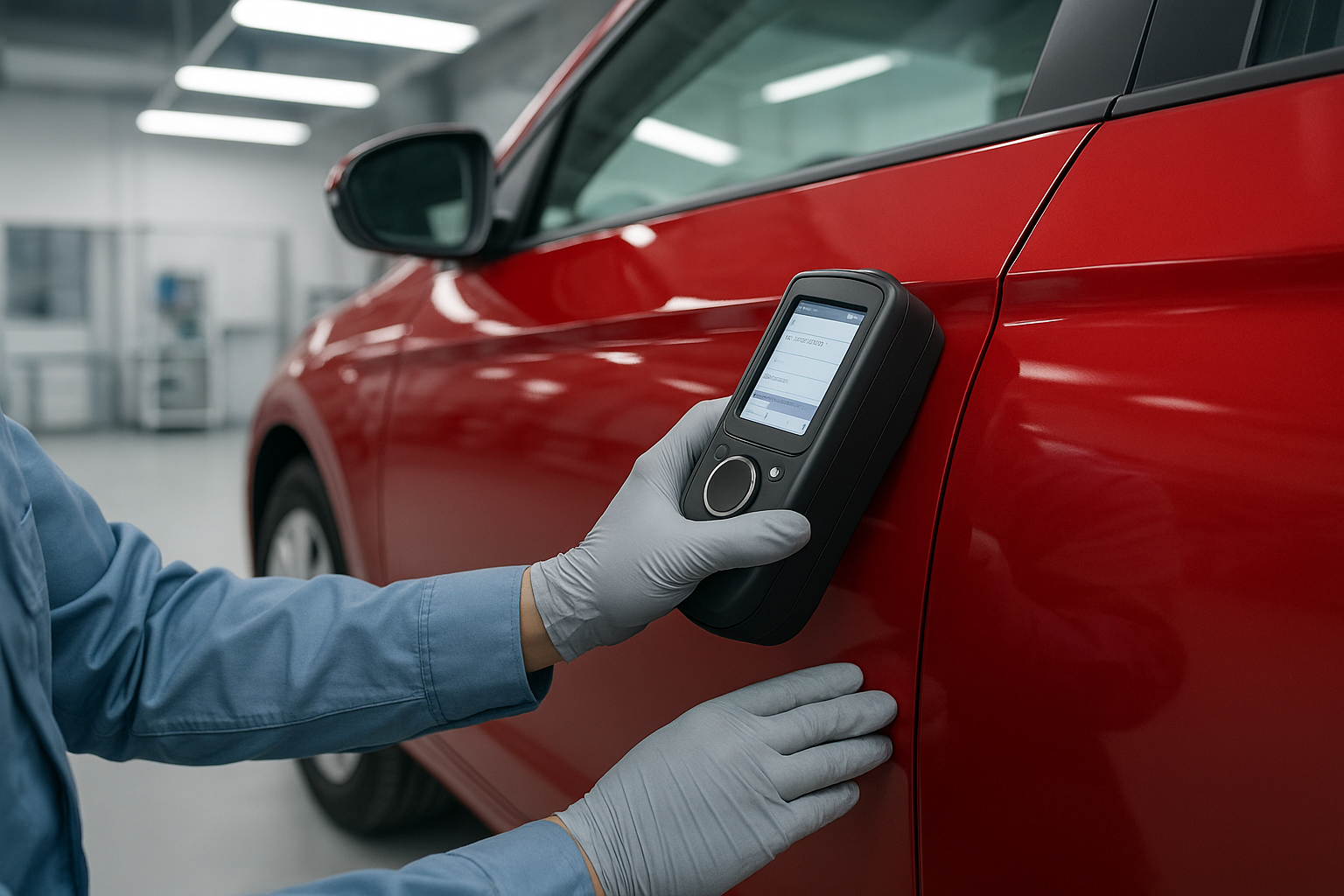 Auto body technician using spectrophotometer for precision paint color matching on a vehicle door panel