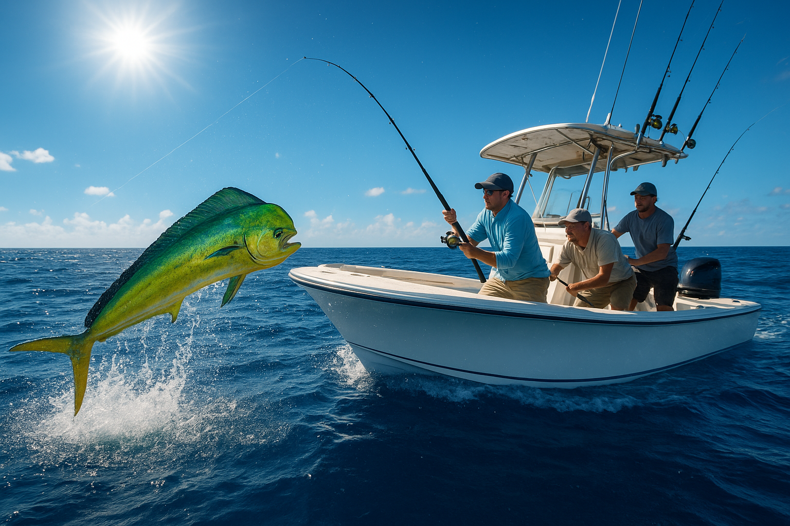 Anglers reeling in a mahi-mahi during a Gulf Stream offshore fishing trip near Myrtle Beach