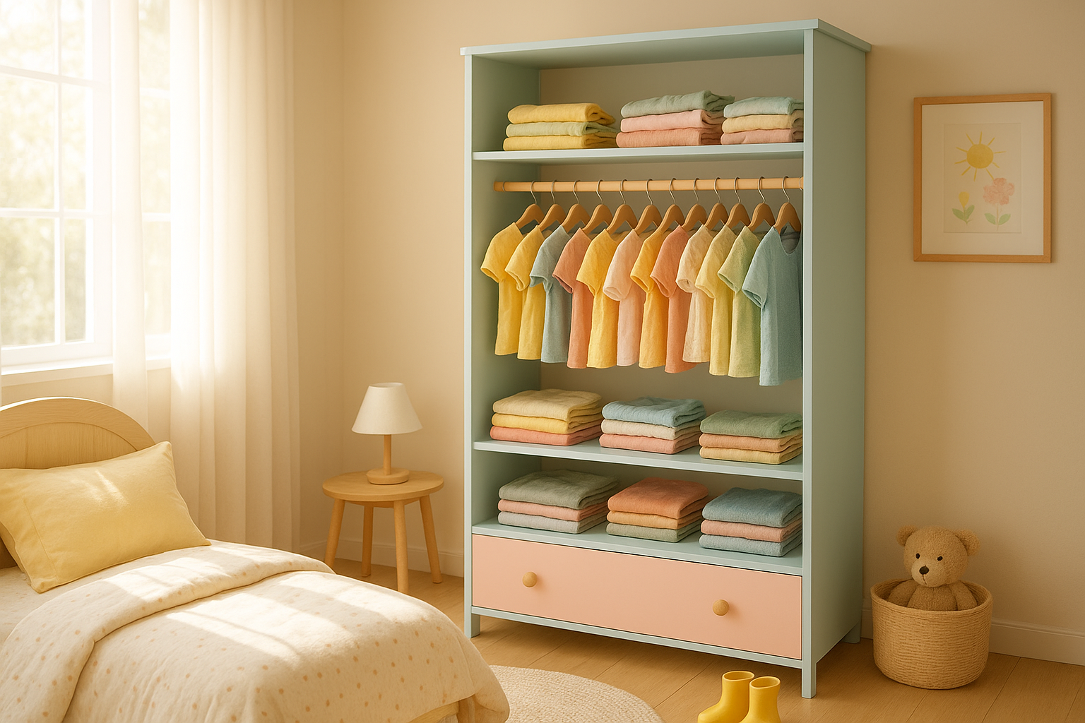 Colorful wardrobe of clothing for growing children organized by size in a bright bedroom