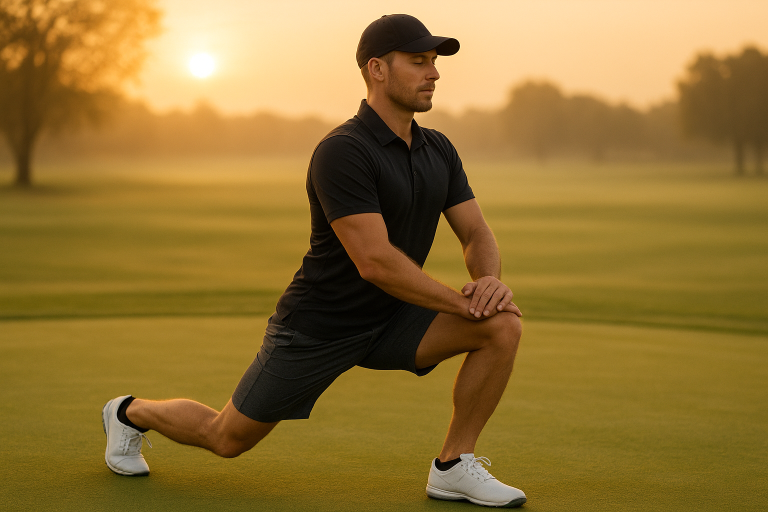 Golfer performing a hip mobility exercise to support injury-resistant swing mechanics
