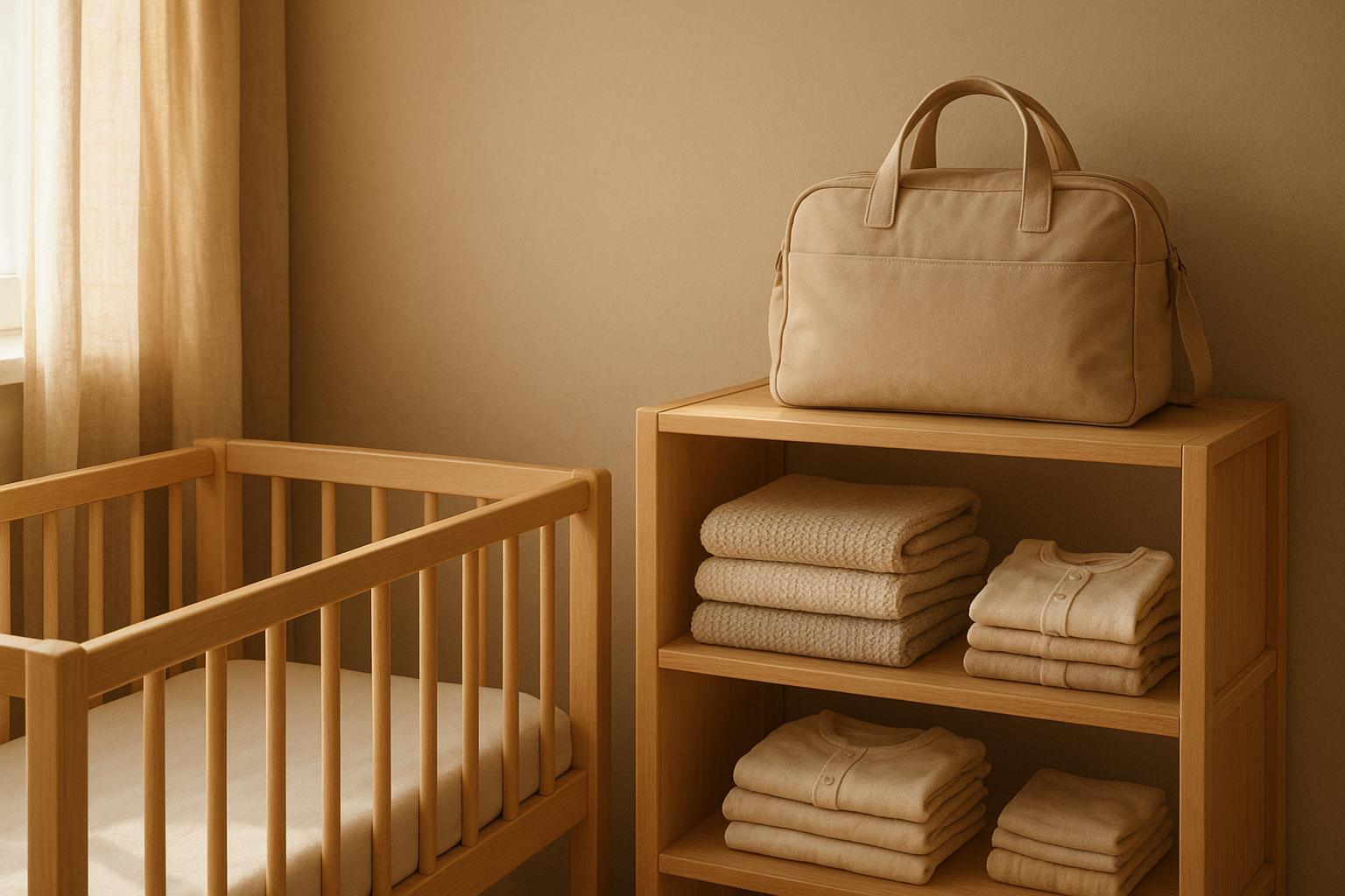 Nursery shelf organized with baby gear essentials including blankets and clothing