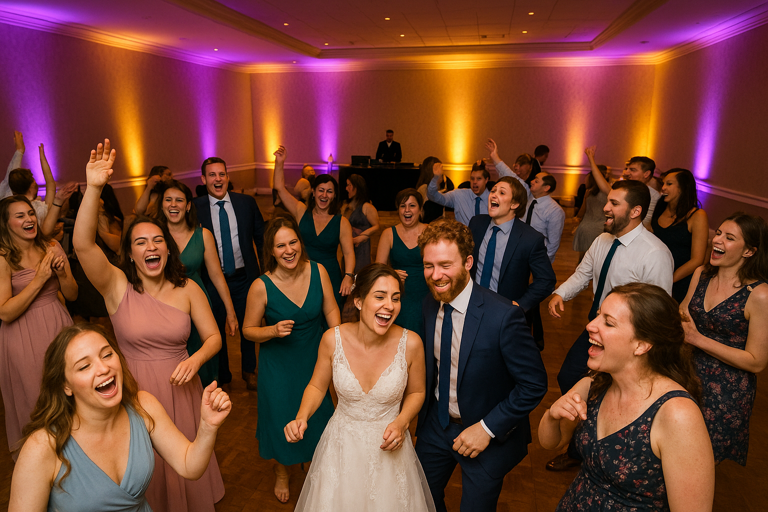 Joyful wedding reception dance floor with colorful LED uplighting and DJ booth in Owensboro Kentucky