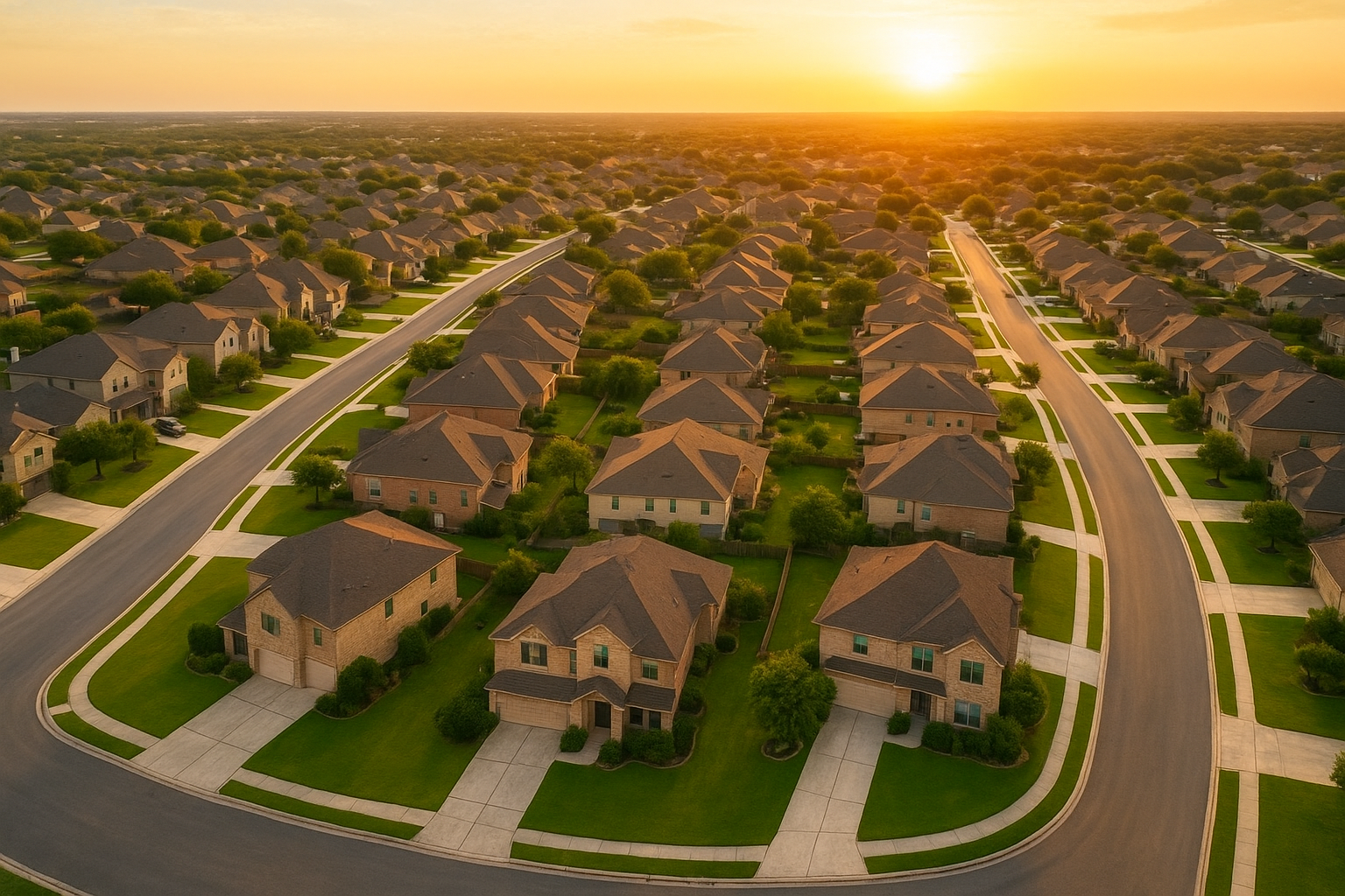 Aerial view of a suburban San Antonio neighborhood with houses and tree-lined streets