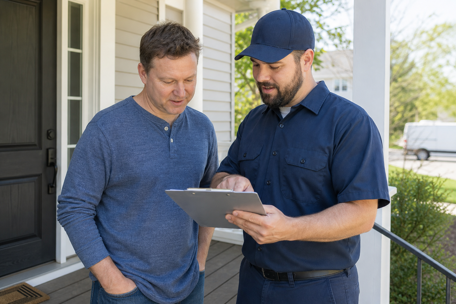 Homeowner reviewing a gas safety inspection summary with a plumbing technician on a porch